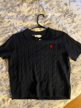 Short-Sleeve Navy Cable Knit Polo Sweater with Red Heart